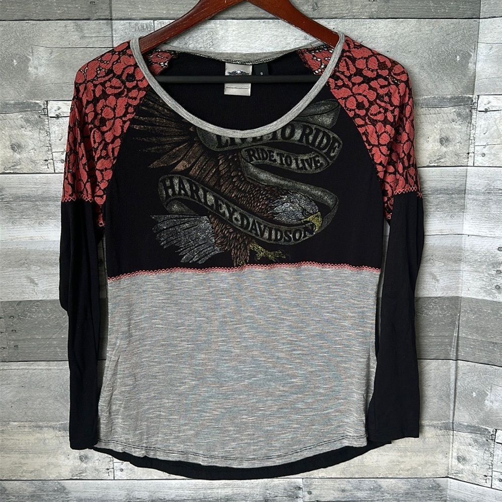 HARLEY-DAVIDSON MIXED GRAPHIC LONG SLEEVE KNIT TOP WOMENS SMALL